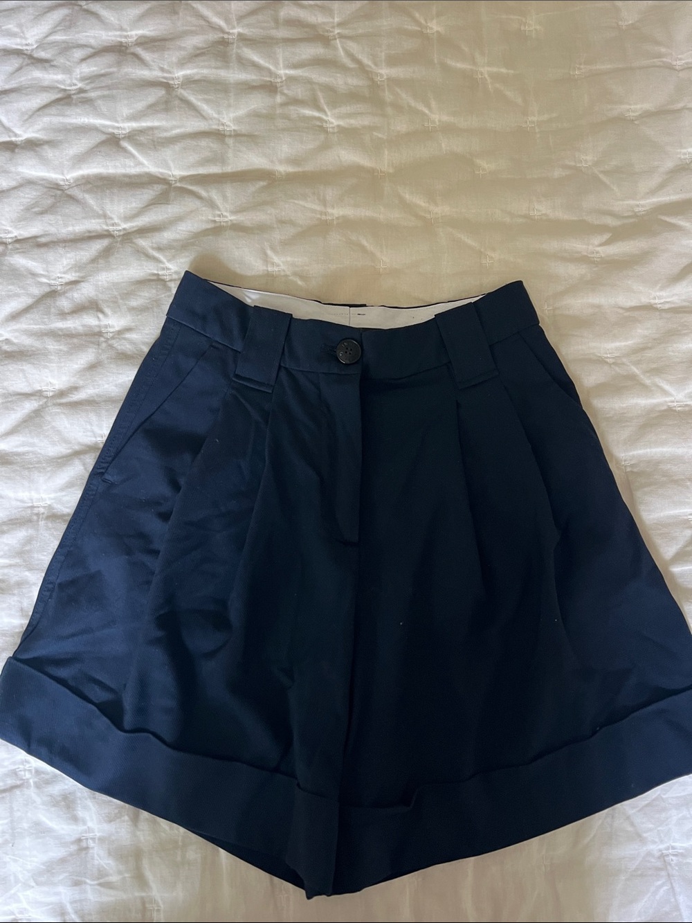 Ganni Navy Pleated High-Waist Bermuda Shorts
